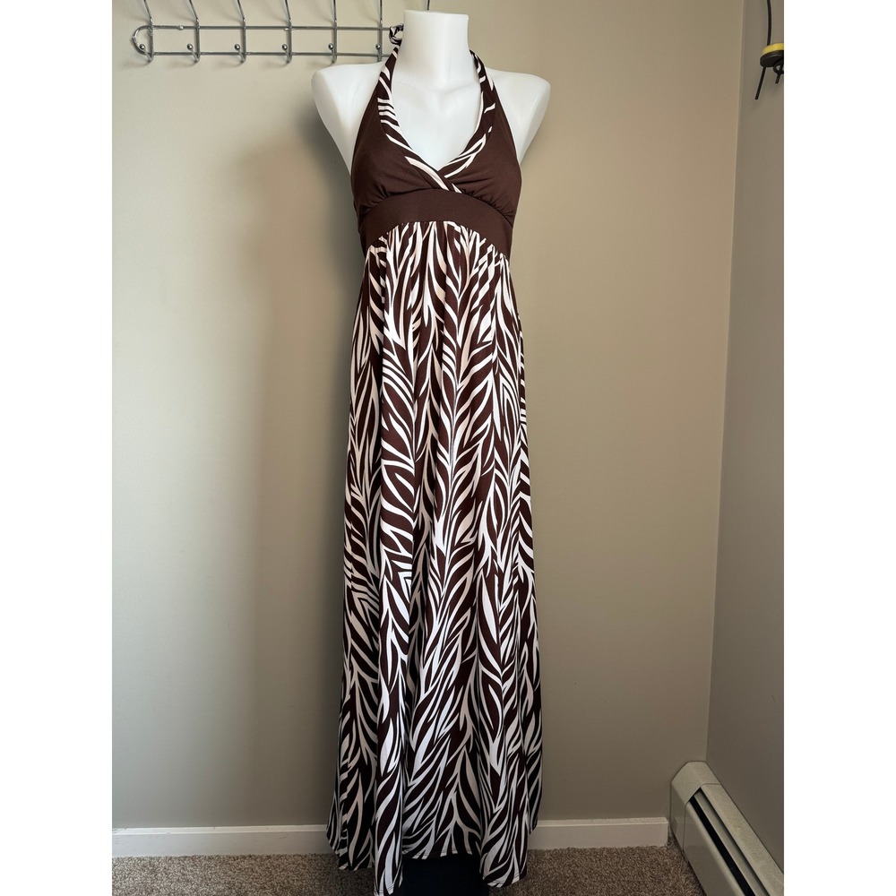 My Michelle Brown White Leaf‎ Print Halter Neck Empire Waist Maxi Dress S Prom